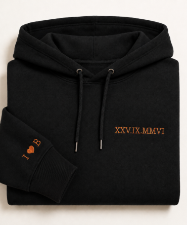 Personalised Roman Numeral Hoodie with Custom Date and Initials Cuff EmbroideryPersonalised Roman Numeral Hoodie with Custom Date and Initials Cuff Embroidery