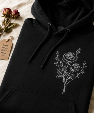 Personalised Birth Flower Embroidered Hoodie UK – Custom Name & Roman Numeral Date Gift by Needle n Threads