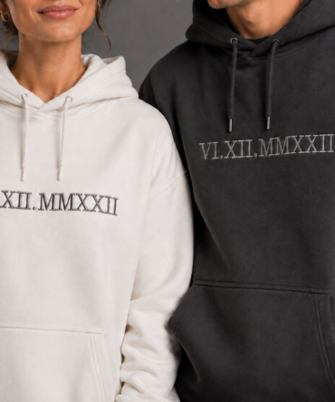 Personalised Roman numeral hoodie with custom date embroidery and cuff initials, black embroidered hoodie for anniversaries, weddings and couples gifts UK